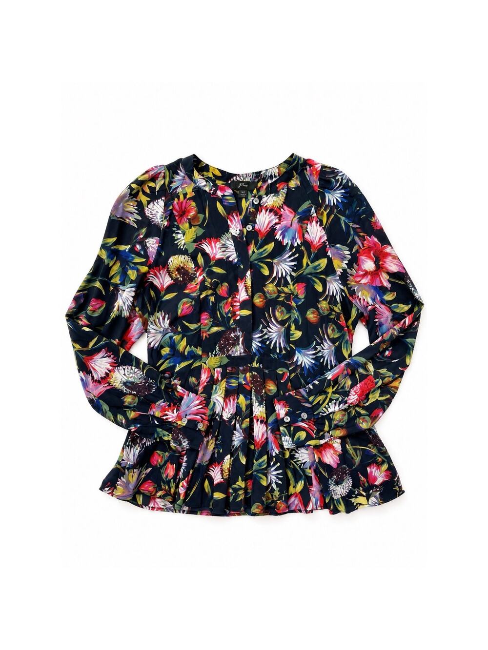 J.Crew 100% Silk Black Painterly Floral Pleated Peplum Blouse Erdem Style Top